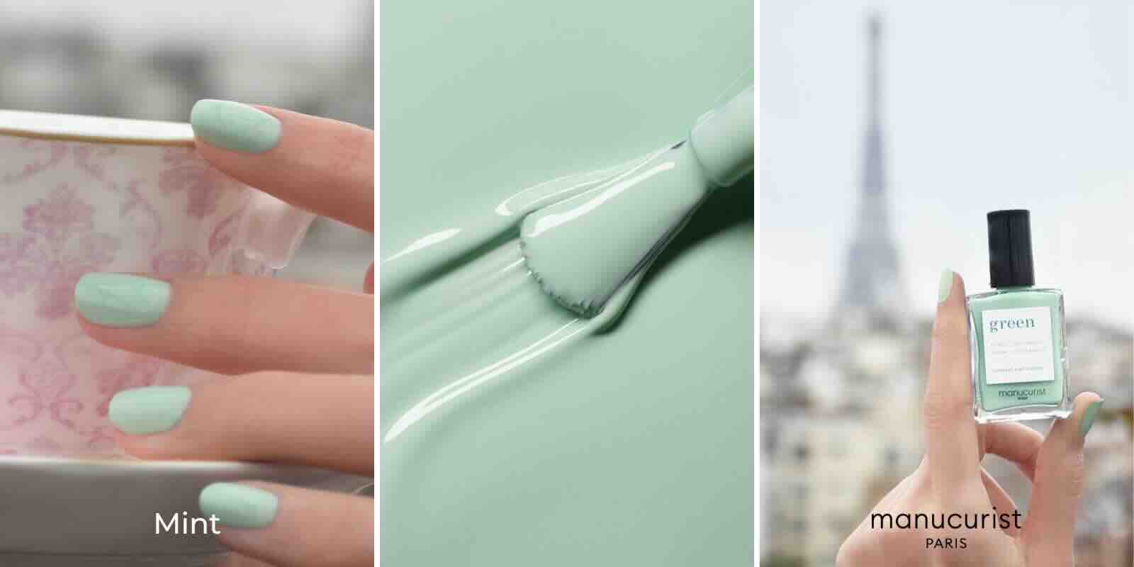 Mint, frischer, zarter pastellgrüner Nagellack GREEN™ Manucurist – Maniküre, Swatch und Flasche in Paris, leuchtende und natürliche Nägel